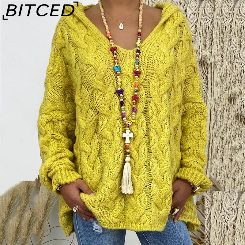 BITCED Fall/Winter Solid Color Cable-Knit Hoodie Sweatshirt for Women