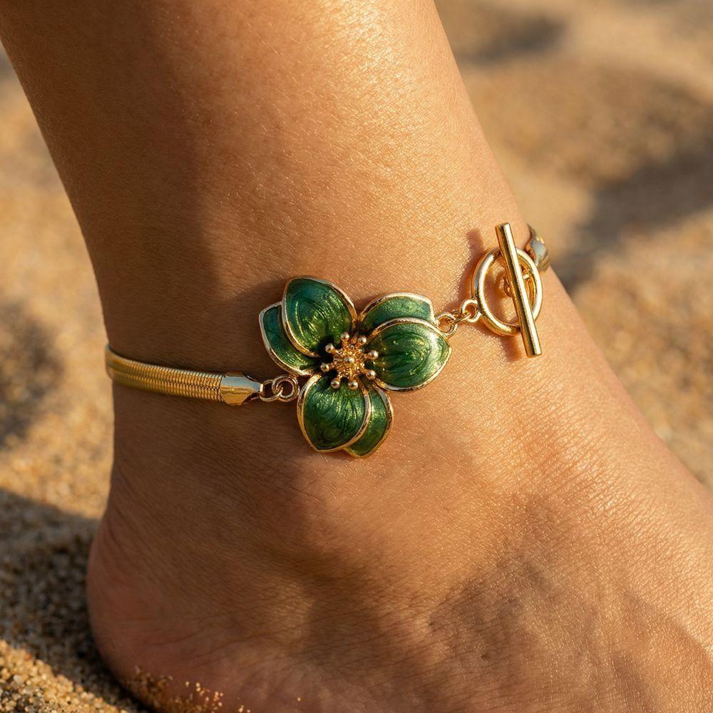 Adjustable OT Buckle Flower Pendant Anklet Snake Bone Chain Multi Petal Oil-Dripped Foot Chain Vibrant Floral Gold Beach Jewelry