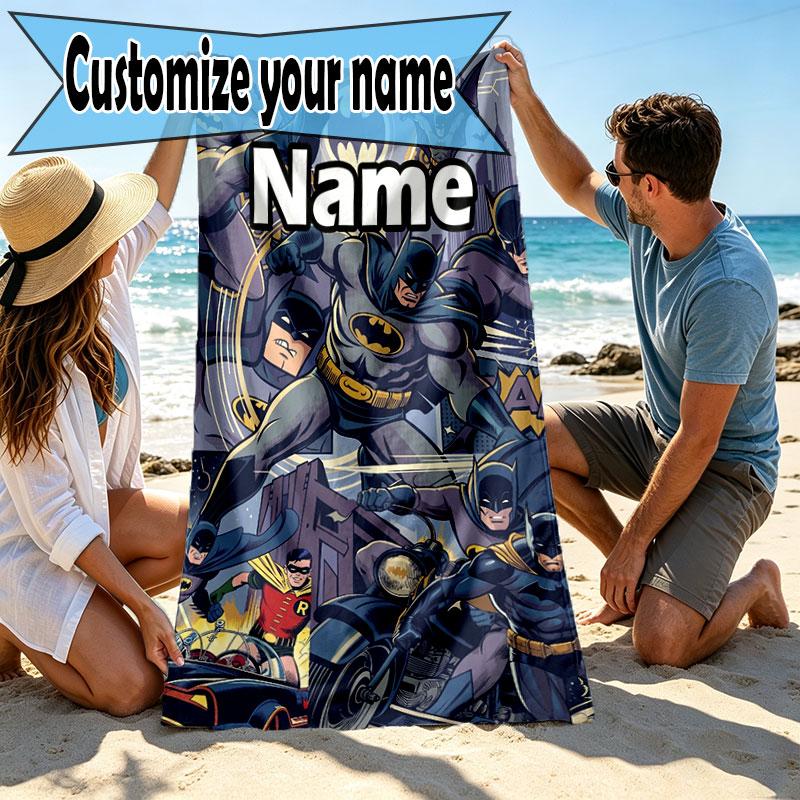 Custom Name Personalized Batman Print Beach Towel, for Trip Camping Beach Party Home Decor, Birthday Gift for Family & Friends