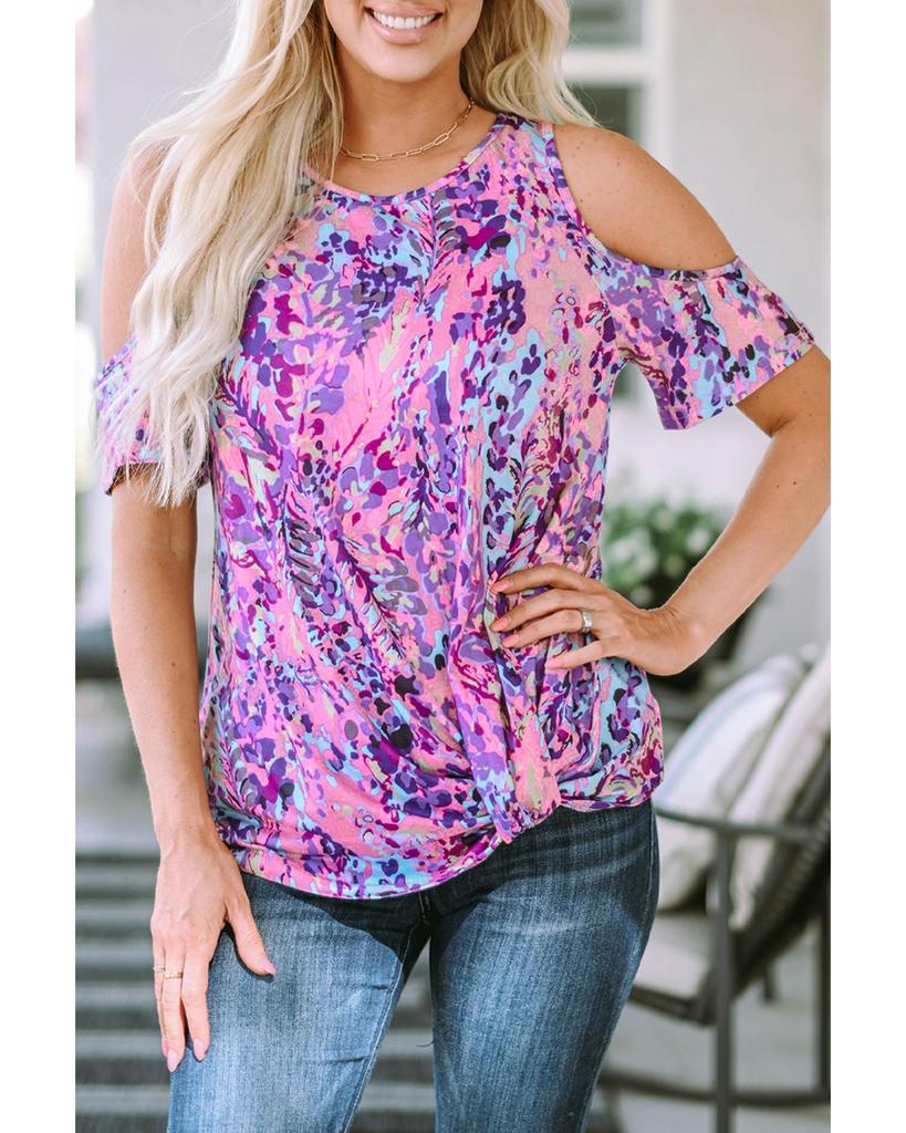 Azura Exchange Lavender Floral Print Cold Shoulder Blouse