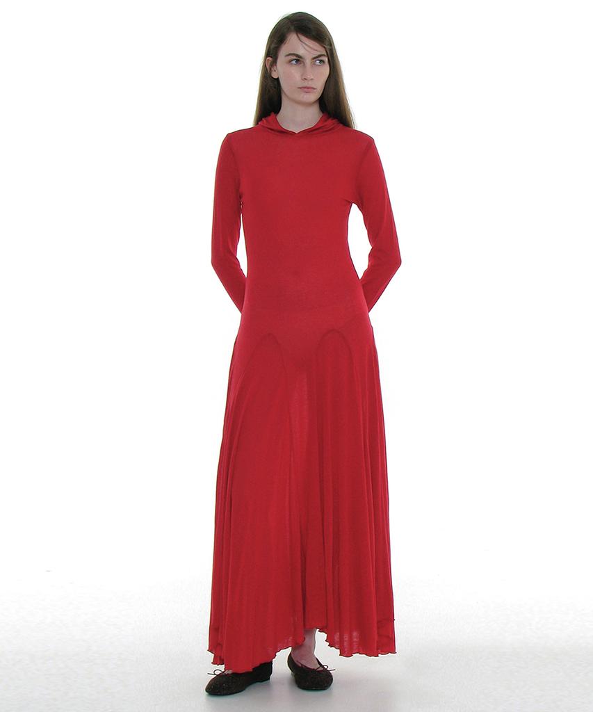 Partimento Woman Sheer Layered Hoodie Flare Dress_Red