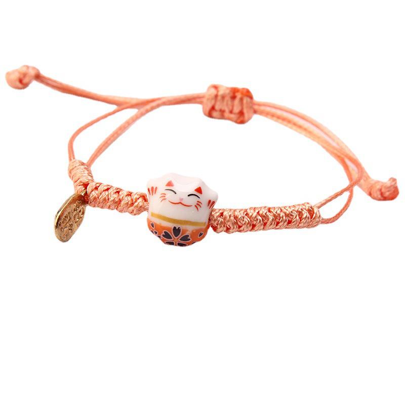 Handwoven Red Rope Lucky Cat Ceramic Bracelets for Women