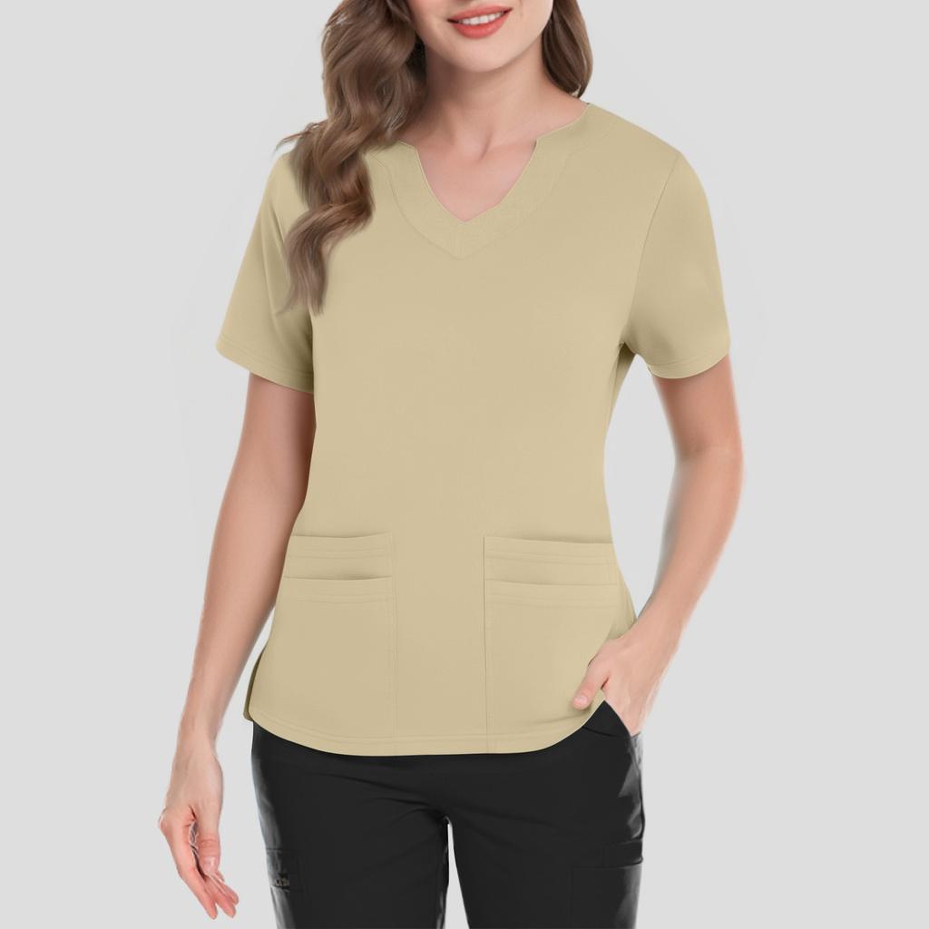 Women's Short Sleeved Color V-neck Buttonable Side Slit Top T-shirt