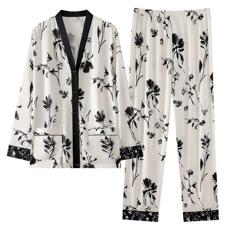 Pajamas Ladies Summer Silk Ice Silk Long Sleeve Homewear Simulation Silk Spring and Autumn Thin Skinny Suit