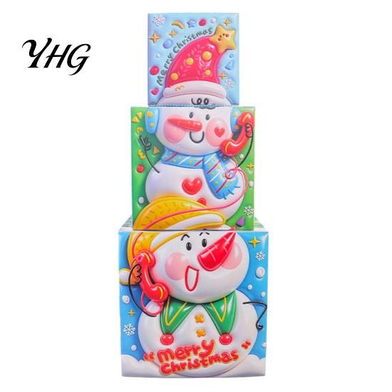 Holiday Gift Storage Containers 3Pcs Christmas Stackable Box, Layered Cube Plastic Boxes with Santa Shop Window Props Snowman Reindeer, Tabletop