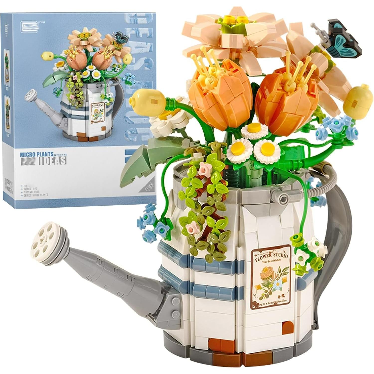 Mini Building Blocks Watering Pot Bonsai Plant Model Set,Creative DIY Simulation Particle Flower Succulent Botanical Collection Construction Building Z