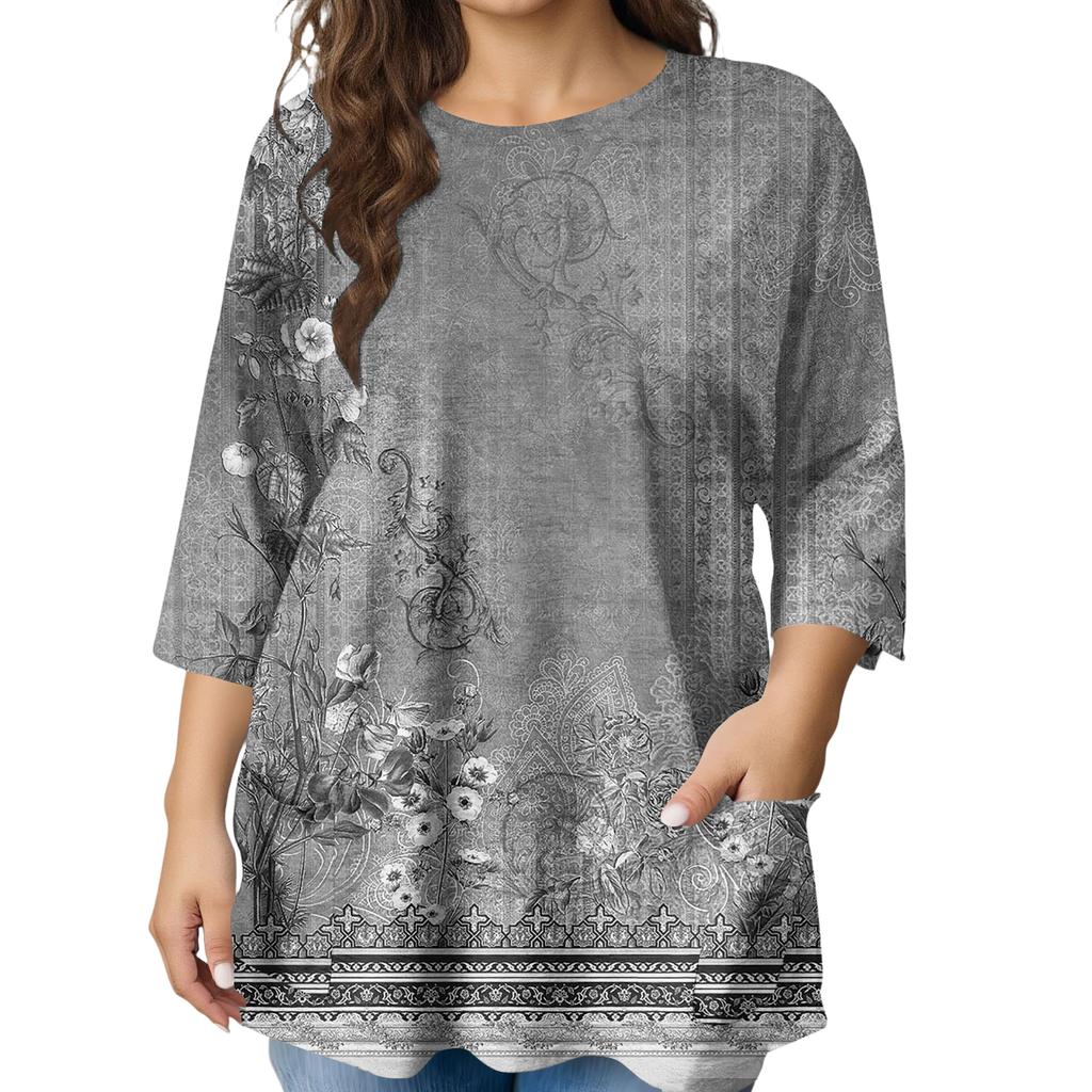 Modeblus för damer, större storlekar, med tryck, kortärmad, för elegant pendling och fritid