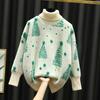 Christmas Red Turtleneck Sweater Women's Autumn Winter Vintage Casual Loose Pullovers Long Sleeve Christmas Tree Knitted Tops