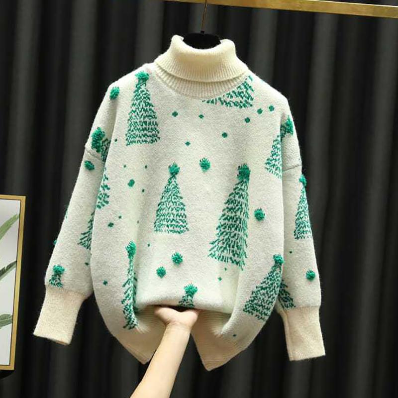Christmas Red Turtleneck Sweater Women's Autumn Winter Vintage Casual Loose Pullovers Long Sleeve Christmas Tree Knitted Tops