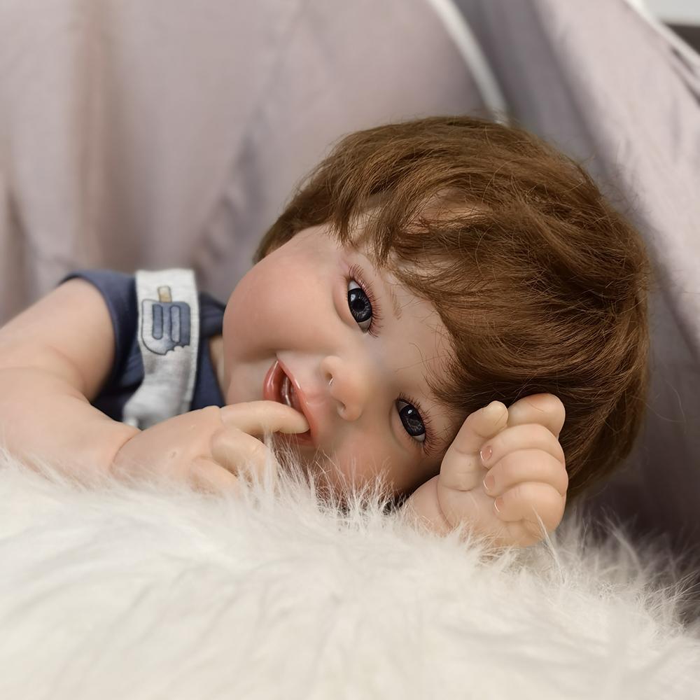 18 Zoll Reborn Babypuppe Silikon Vinyl Stoffkörperpuppe Fertig 3D Bemalte Haut Adern Kunstsammlungspuppe Geschenk Frühes Lernspielzeug