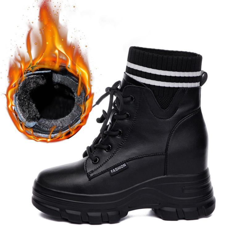 Fashion 9cm Genuine Leather Women Ankle Motorcycle Snow Booties Autumn Winter Warm Fur Plush Platform Wedge Women Fashion Shoes