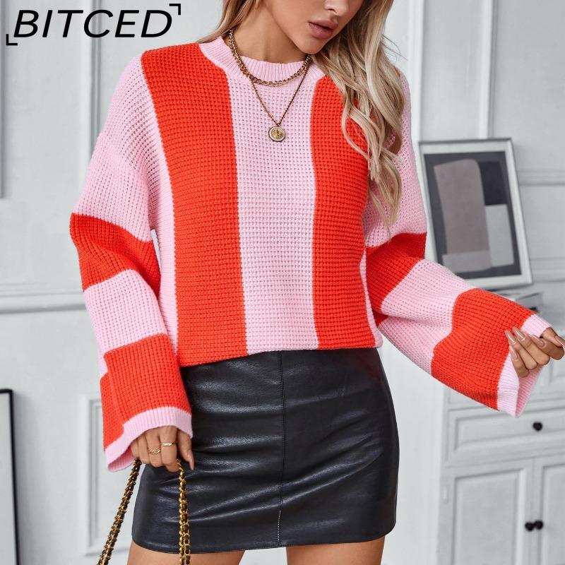 BITCED Women's Color-Block Striped Knit Sweater Fall/Winter Casual Oversized Pullover