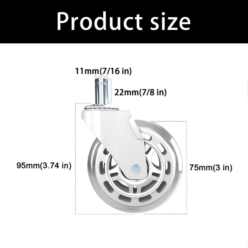 Set of 4 Universal 3 transparents Casters for Office Chairs Easy Installation Tool Protects Wood and Tiles