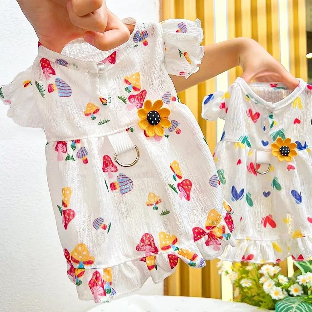 Mushroom Pattern Dog Princess Dresses Flutter Sleeve Summer Pet Skirt  Outings Activity