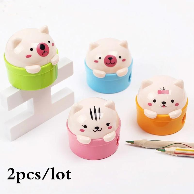 2PC Stationery Double Holes Pencil Sharpener Cartoon Cat and Bear Plastic Pencil Sharpener for Kids Student School Color