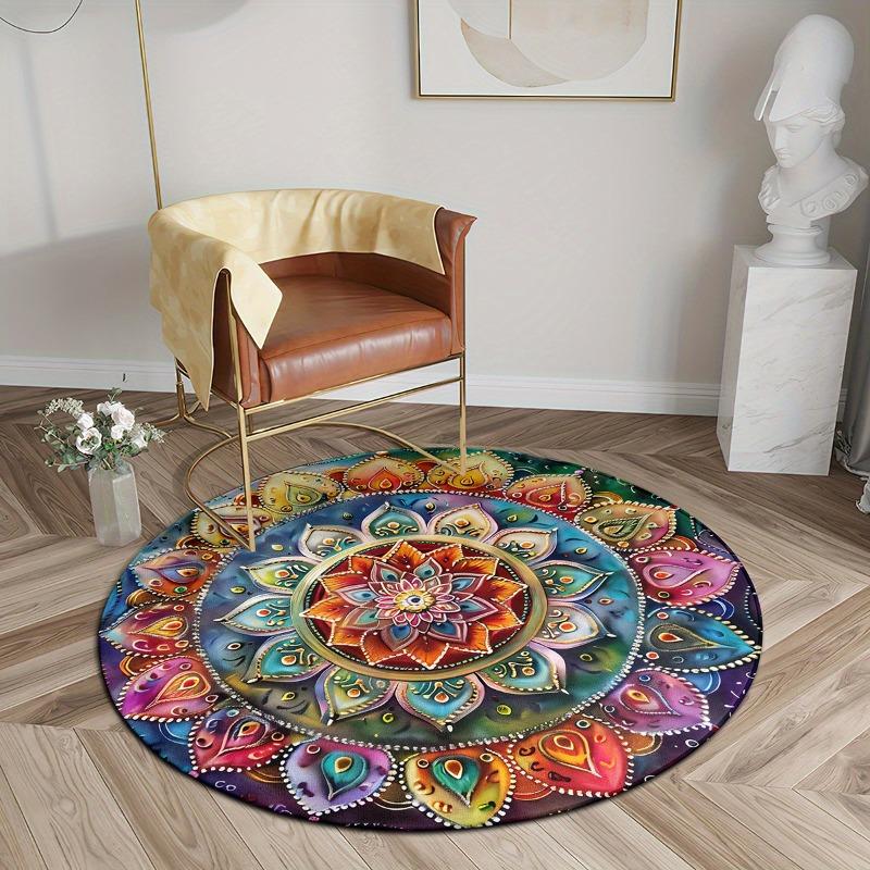 Bohemian Pattern Round Area Rug Flannel Sponge Lightweight Ideal for Bedroom Indoor Outdoor Use Machine Made Mats Decorative
