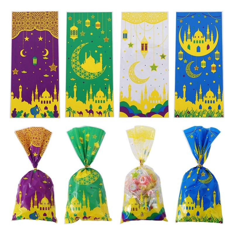 100pcs Eid Mubarak Gift Bags with Rope Moon Stars Biscuits Packaging Holder