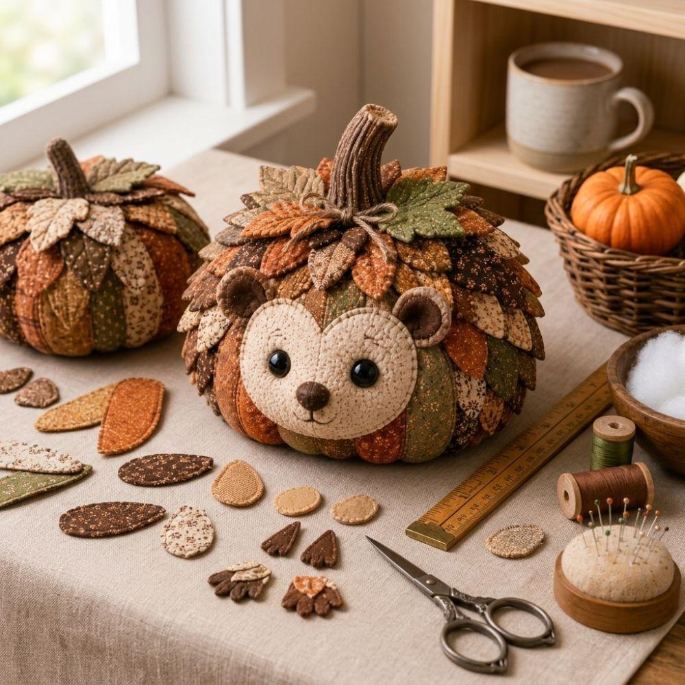 Vintage Style Whimsical Patchwork Pumpkin Fabric Kit Fall Animal Stuffed Patchwork for Hobbyists