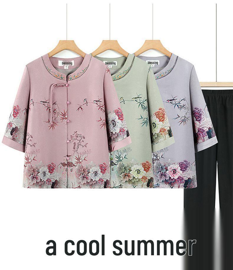 Stylish Summer Set for Women: Chinese-Inspired Short-Sleeve Top and Pants for Middle-Aged and Elderly Ladies