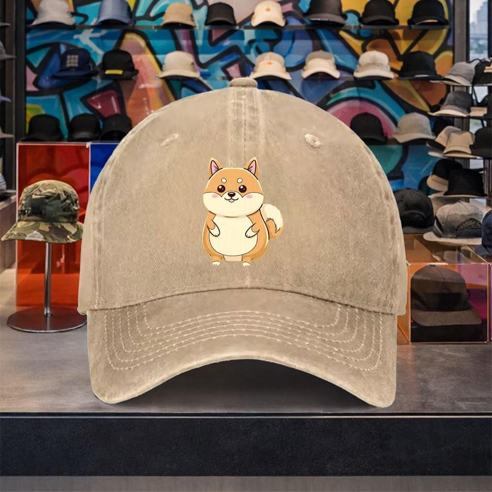 Cartoon Shiba Inu Baseball Cap Distressed Washed Cotton Casual Adjustable Cap for Unisex Travel