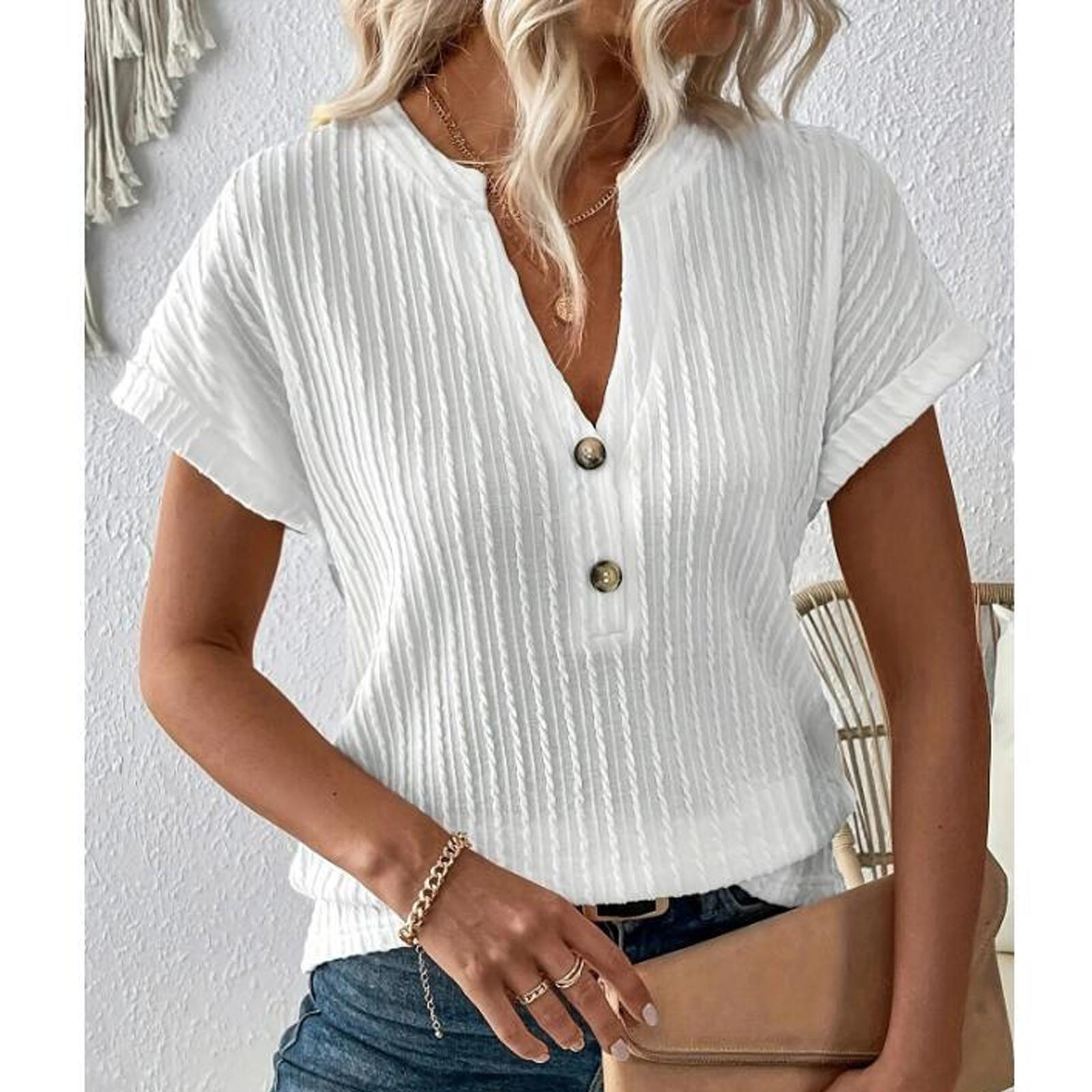 

Женская модная однотонная футболка с V-образным вырезом и свободной пуговицей с короткими рукавами, топ XL белый