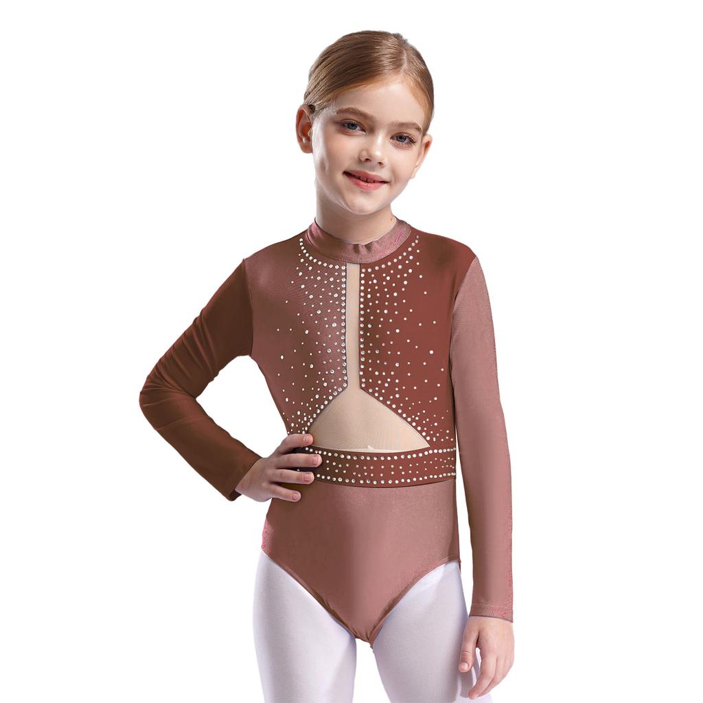 Mädchen Turnanzug Langarm Schlüsselloch Rücken Farbblock Patchwork Funkelnde Strasssteine Body für Tanzwettbewerb