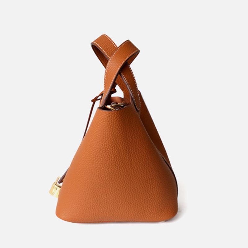 Women's Genuine Leather Bucket Handbag - Large Capacity, High-End Cowhide Veggie Basket Style
