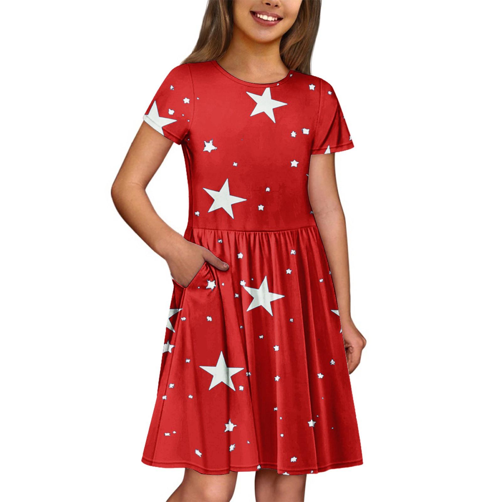 

Летнее платье для девочек, однотонное платье без рукавов с принтом и карманом, повседневное платье, вечернее платье с короткими рукавами 160 красный