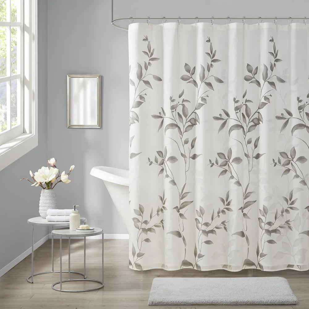 Elegant Gray Leaf Shower Curtain for a Modern Bathroom, Featuring Delicate Branches and Leaves On a Soft White Background