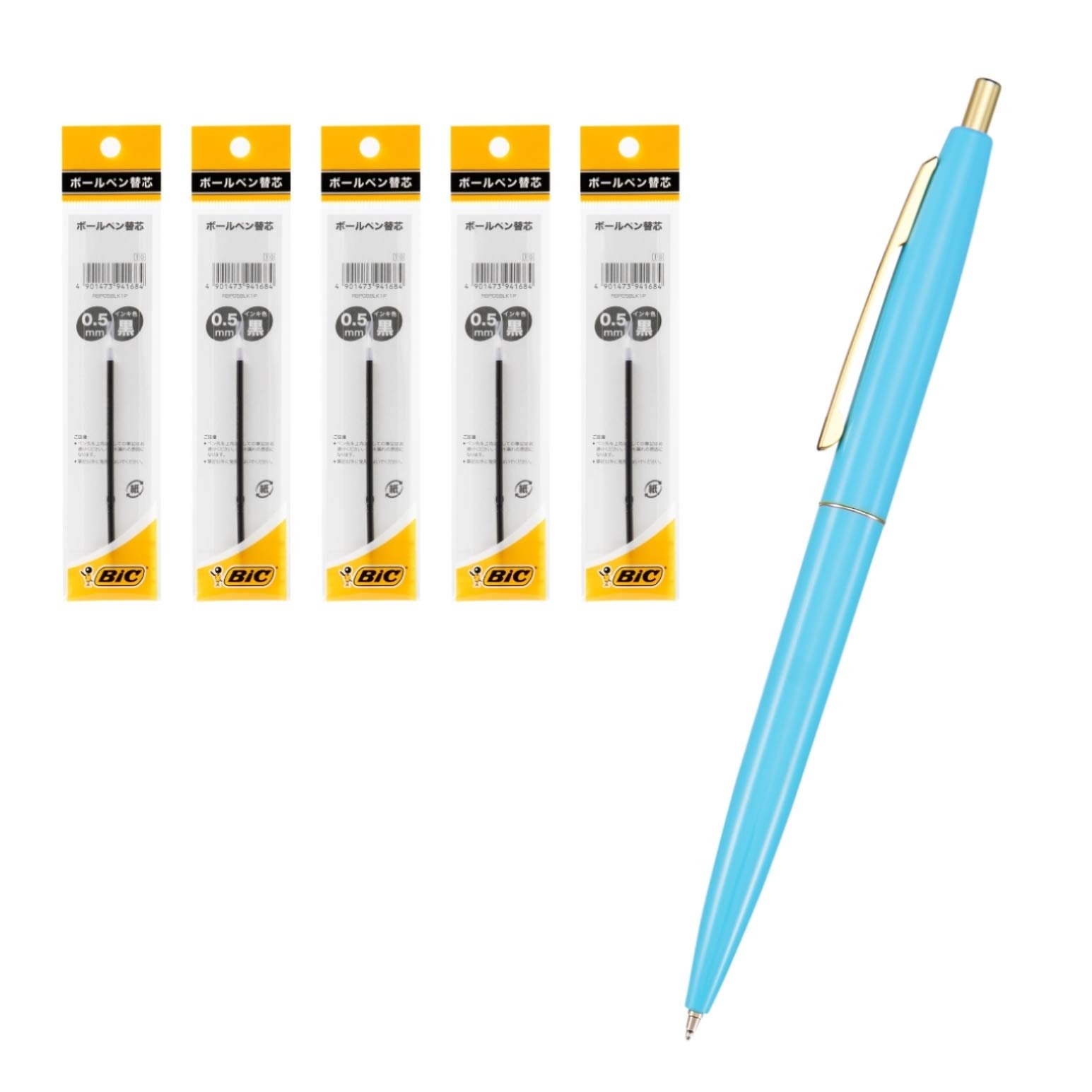Bic Japan Click Gold Ballpoint Ice Blue Set of 5 0.5 Pen, Oil-Based, Black, Smooth, Barrel, Refills, (CLG05-IBLRF5)