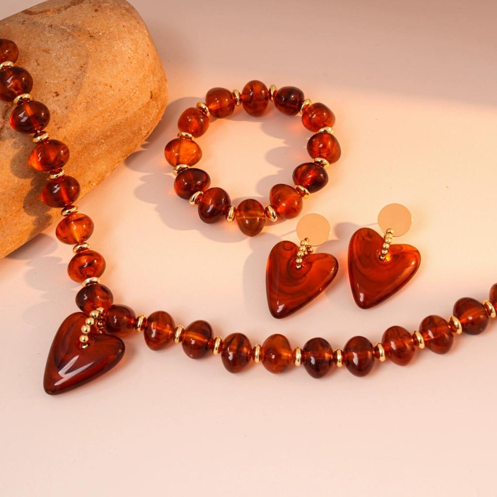 Vintage Amber Resin Heart Acrylic Pendant Earrings Necklace New Handmade Creative Geometric Bracelet Jewelry Set for Women Gifts