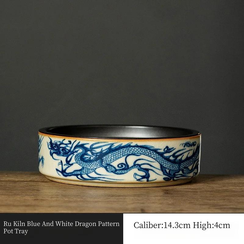 Blue and White Dragon Pattern Ceramic Pot Bearing Water Storage Kettle Mat Tea Mat Sand Teapot Base Tea Table Tray