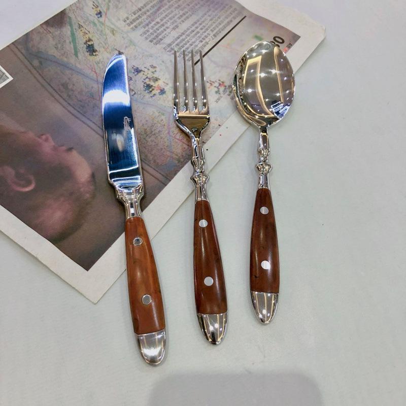 Stainless Steel Western Tableware Set, Two Nails, Knife, Fork and Spoon, Wooden Handle, Knife, Fork and Spoon, Stainless Steel Knife