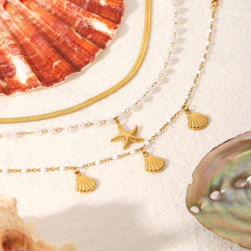 18K Vergoldetes Seestern- & Perlen-Edelstahlarmband - Sommer-Strandmode