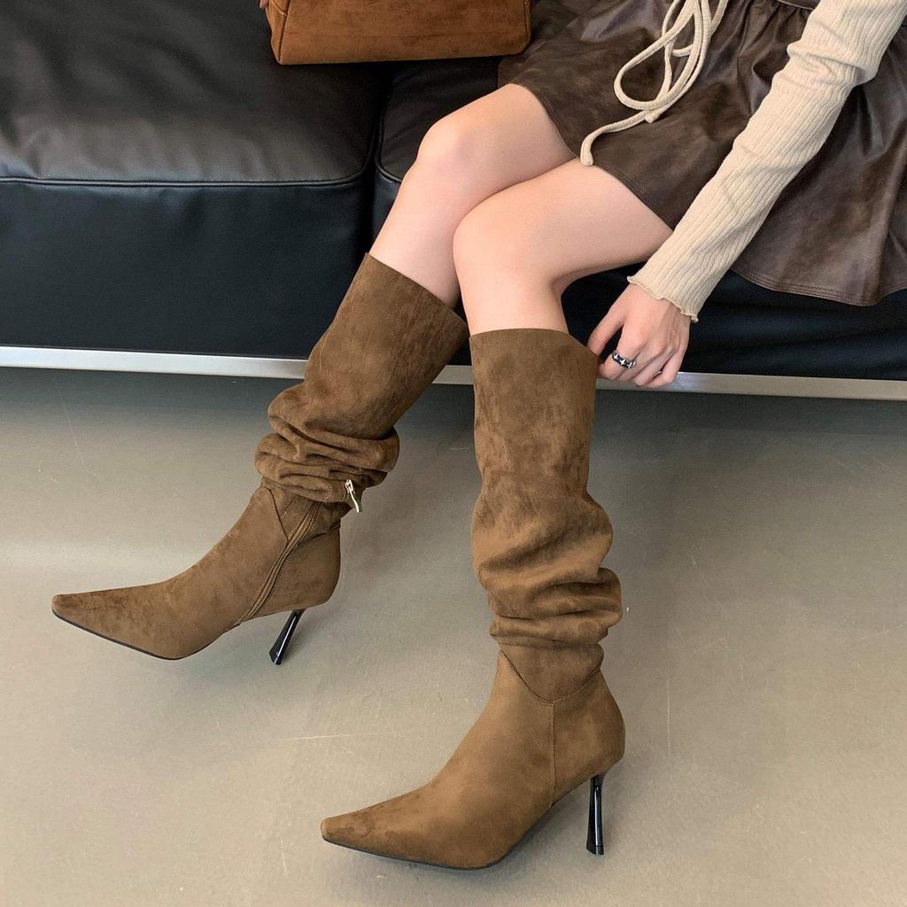 Knee Boots Women's Two Wear Tube Circumference 2025 Autumn and Winter New Suede Pointed Thin Heel High Heel Pleated Pile Boots