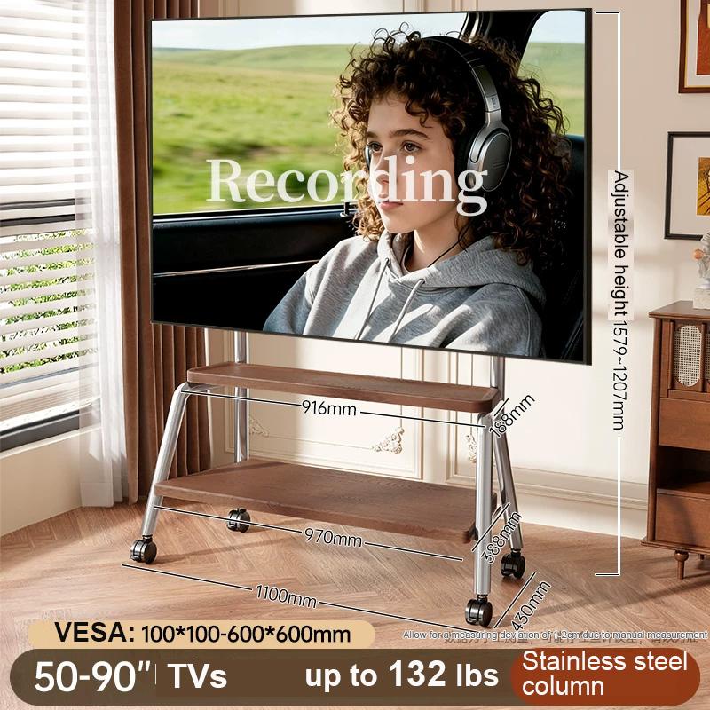 Mobile TV Stand Rolling TV Cart with Wheels for Most 32-90 Inch TV Stand with Double Wooden Shelf Height Adjustable Heavy-Duty