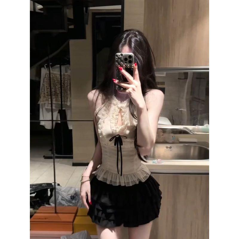 

Xzy Slightly Chubby Pure Desire Sweet Spicy Girl Ruffled Waist-Cinching Halter Top Women s 2026 Summer Slimming Puffy Skirt Set Tops [Ready Stock] S