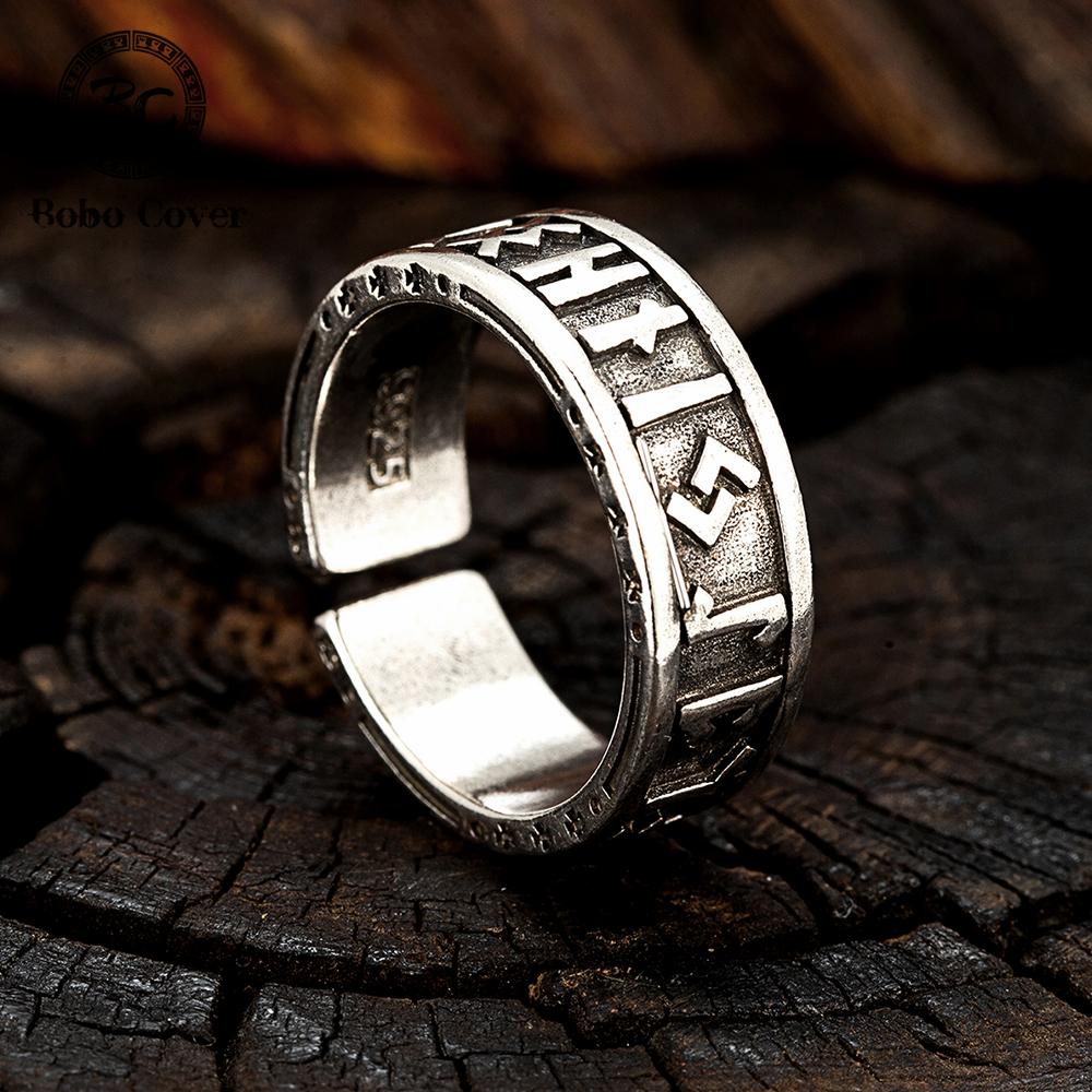 Retro Norse Futhark Vikings Runes Opening Ring Antique Silver Color Jewelry for Men Women Scandinavian Amulet