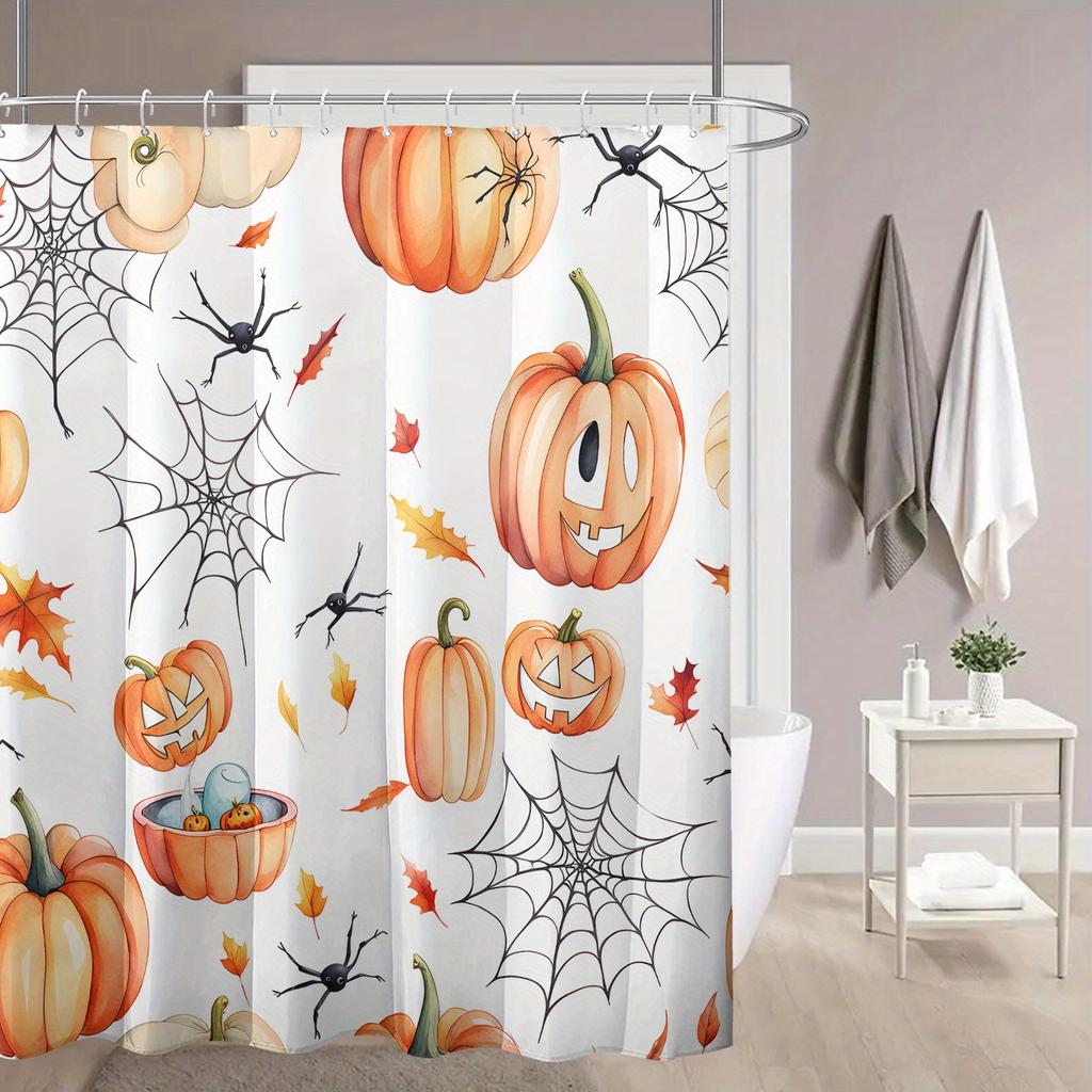 1pc Halloween pumpkin maple leaf spider web print shower curtain   polyester fabric   machine washable   suitable for bathroom