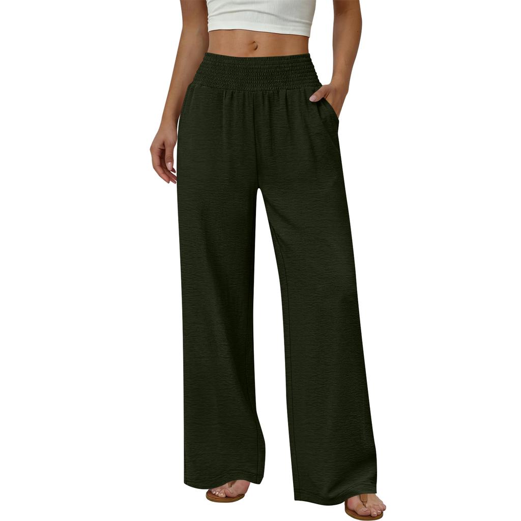 Women High Waist Wide Leg Pants Loose Fit Trousers with Pockets Elastic Waistband Solid Relaxed Fit Casual Trousers for Everyday Wear