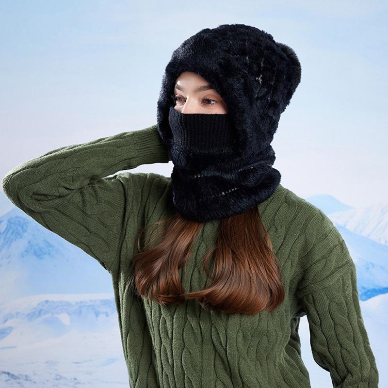 Winter Warm Pullover Hat Scarf Mask Integrated Hat Women's Outdoor Riding Fleece Ear Protection Knitted Wool Hat