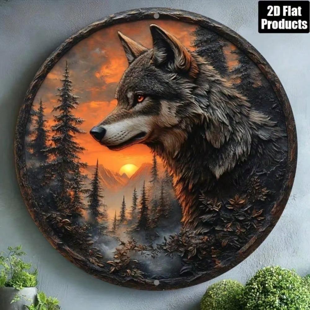Vintage Wolfskopf Aluminium Wandkunst 8 Zoll Rustikales Rundes Metallschild Dekoration für Zuhause Wohnzimmer