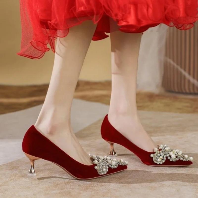 Plus Size Stiletto Wedding Shoes New French Pointed Toe Shallow Mouth Pearl Non-Slip Sneakers