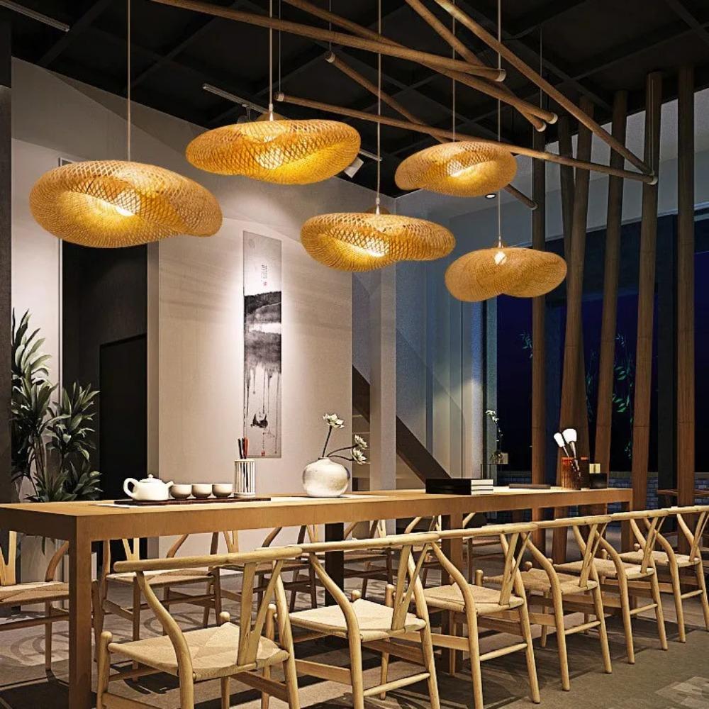 Bamboo Hanging Lamp Rattan Ceiling Pendant Light Asian Style Hanging Ceiling Fixture for Tearoom Restaurant Hotel