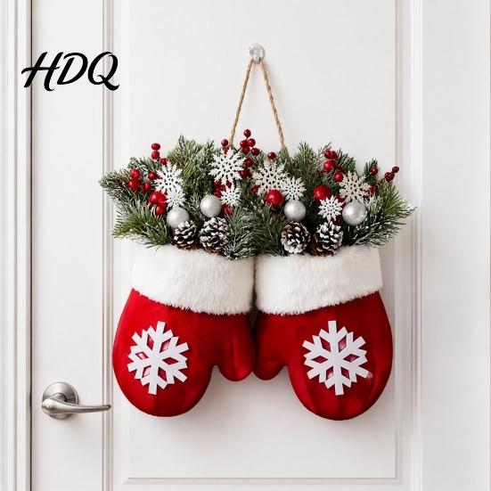Farmhouse Style Christmas Door Hanger Mitten/Stocking Wreath Decorative Artificial Wreath with Berries Pine Cones Floral Branches Holiday