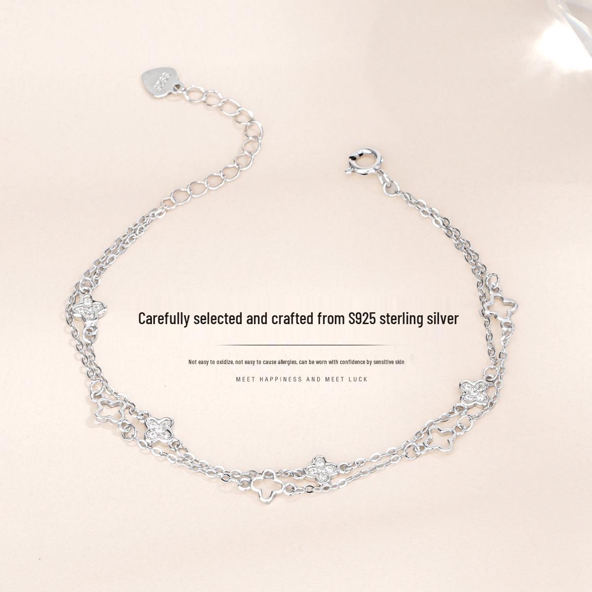 Tichiya Four-Leaf Clover S925 Sterling Silver Bracelet - Double Layer, Forest Style, Simple & Fresh Design for Women 925 Sterling Silver