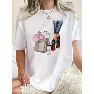 Borsa Tacco Alto Stampa Tè al Latte Donna Bianca Casual Maglietta Manica Corta