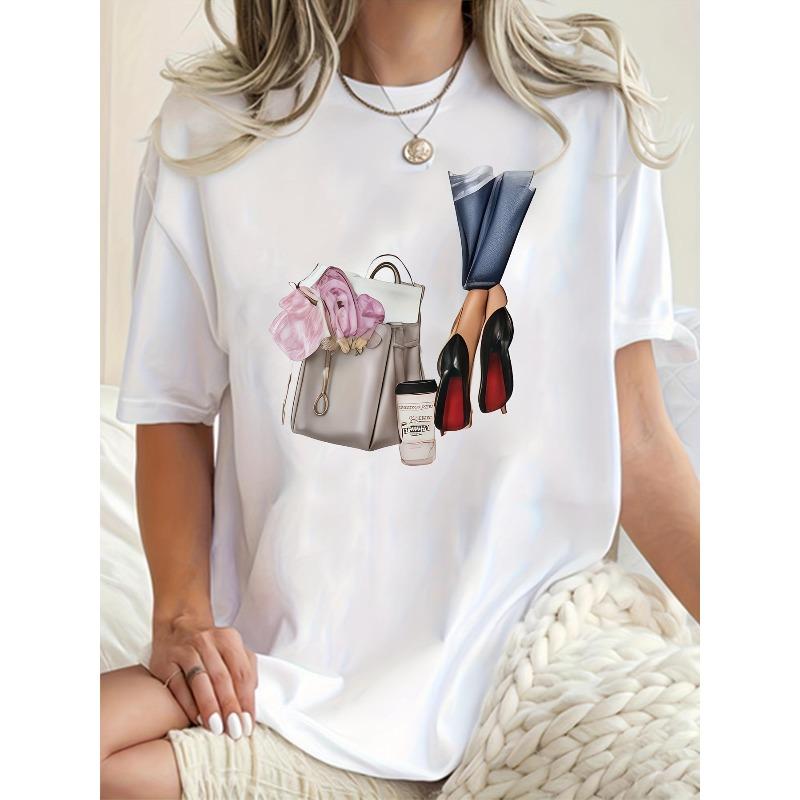 

Handbag High Heels Milk Tea Print Women White Casual Short Sleeve Tee 4XL білий