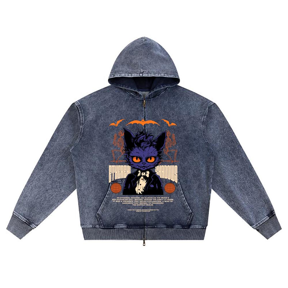 DTG Print Knitted Denim Zip-Up Hoodie Ethereal Shadow Brother Print Zipper Hoodies  