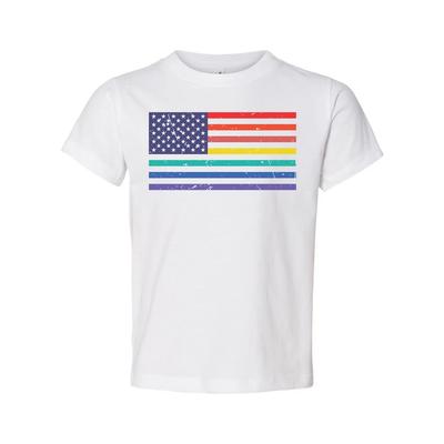 Unisex American Flag Tee With Rainbow Stripes Graphic Across Chest For Pride And